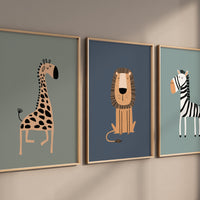 Modern Safari Animal Wall Art Set, Giraffe Lion Zebra Prints for Nursery, Jungle Theme Baby Boy Room Decor, Minimalist Kids Wall Posters