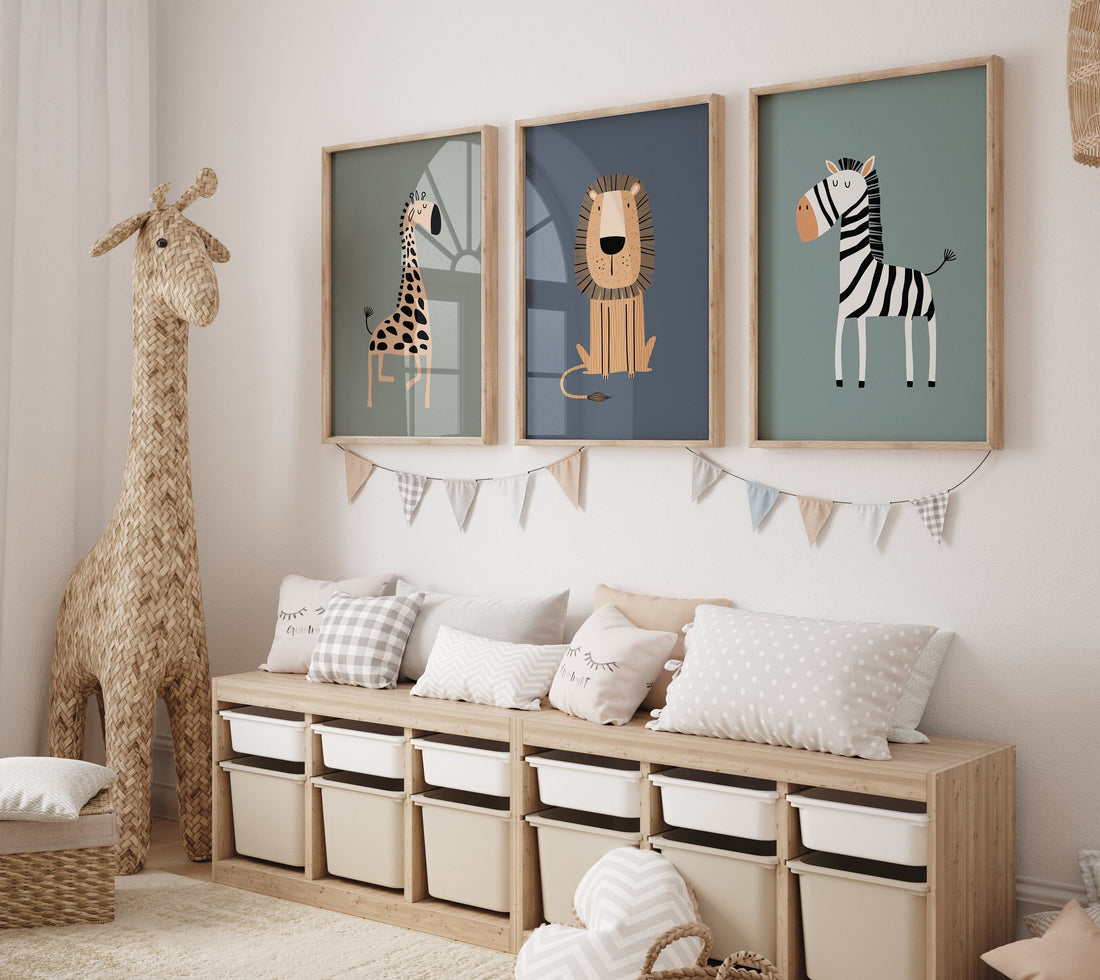 Modern Safari Animal Wall Art Set, Giraffe Lion Zebra Prints for Nursery, Jungle Theme Baby Boy Room Decor, Minimalist Kids Wall Posters