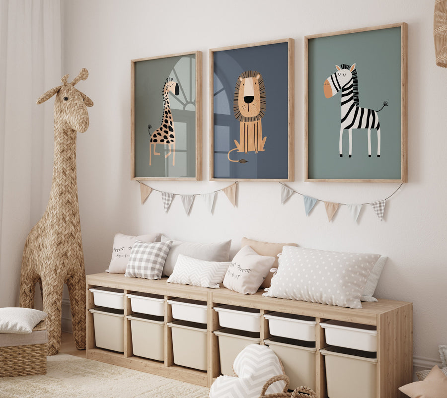 Modern Safari Animal Wall Art Set, Giraffe Lion Zebra Prints for Nursery, Jungle Theme Baby Boy Room Decor, Minimalist Kids Wall Posters