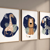 Safari Nursery Wall Prints, Boho Nursery Prints, jungle animals, navy blue Nursery Art, animal Nursery Decor, animal prints