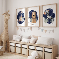 Safari Nursery Wall Prints, Boho Nursery Prints, jungle animals, navy blue Nursery Art, animal Nursery Decor, animal prints