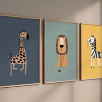 Safari nursery prints, jungle animal wall art, giraffe lion zebra posters, cute safari animal decor, baby room animal illustrations