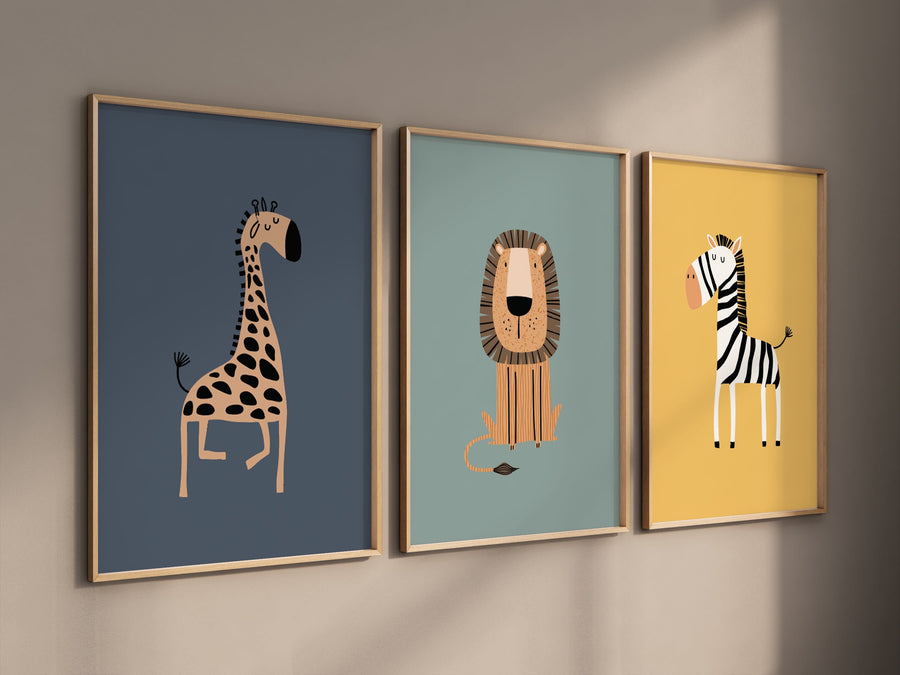 Safari nursery prints, jungle animal wall art, giraffe lion zebra posters, cute safari animal decor, baby room animal illustrations