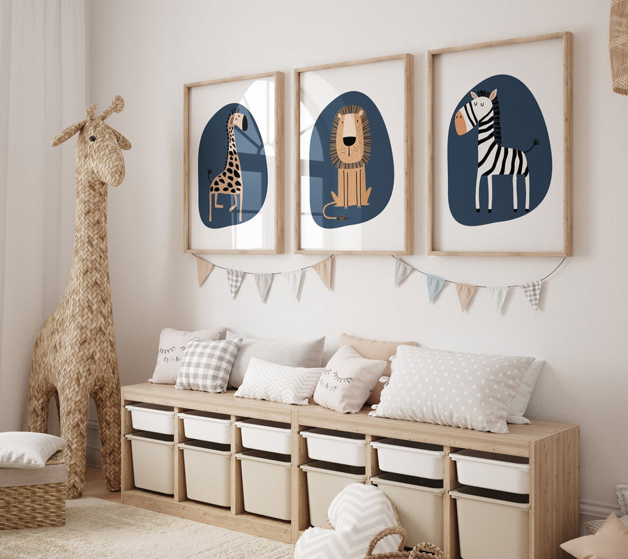 Safari Nursery Wall Prints, Boho Nursery Prints, jungle animals, navy blue Nursery Art, animal Nursery Decor, animal prints