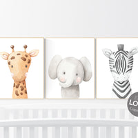 Safari Animal Nursery Wall Art Set of 3 - Giraffe Elephant Zebra Prints - Baby Room Decor - Gender Neutral Jungle Animal Poster Set