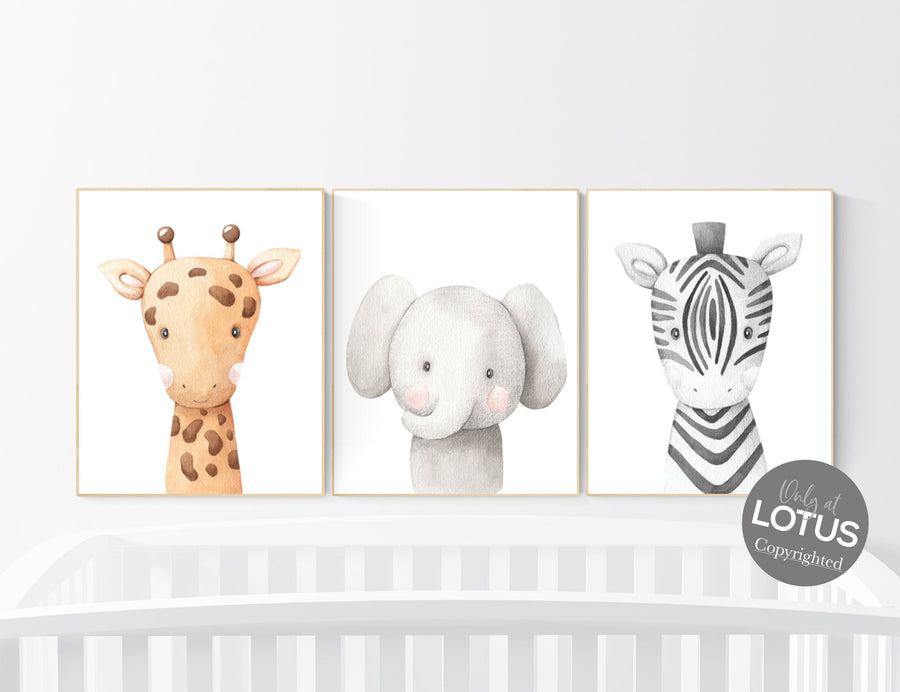 Safari Animal Nursery Wall Art Set of 3 - Giraffe Elephant Zebra Prints - Baby Room Decor - Gender Neutral Jungle Animal Poster Set