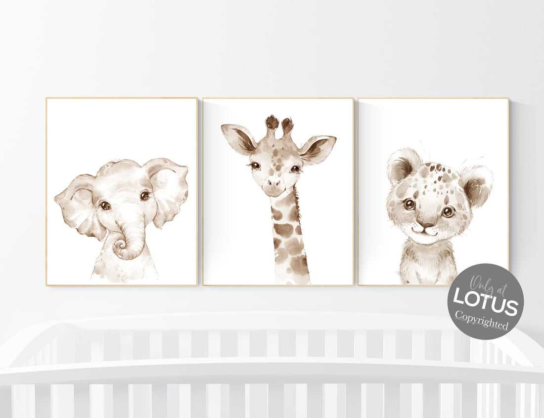 Nursery wall art animals, gender neutral nursery, neutral nursery, baby room decor, elephant, giraffe, animal prints, neutral nursery