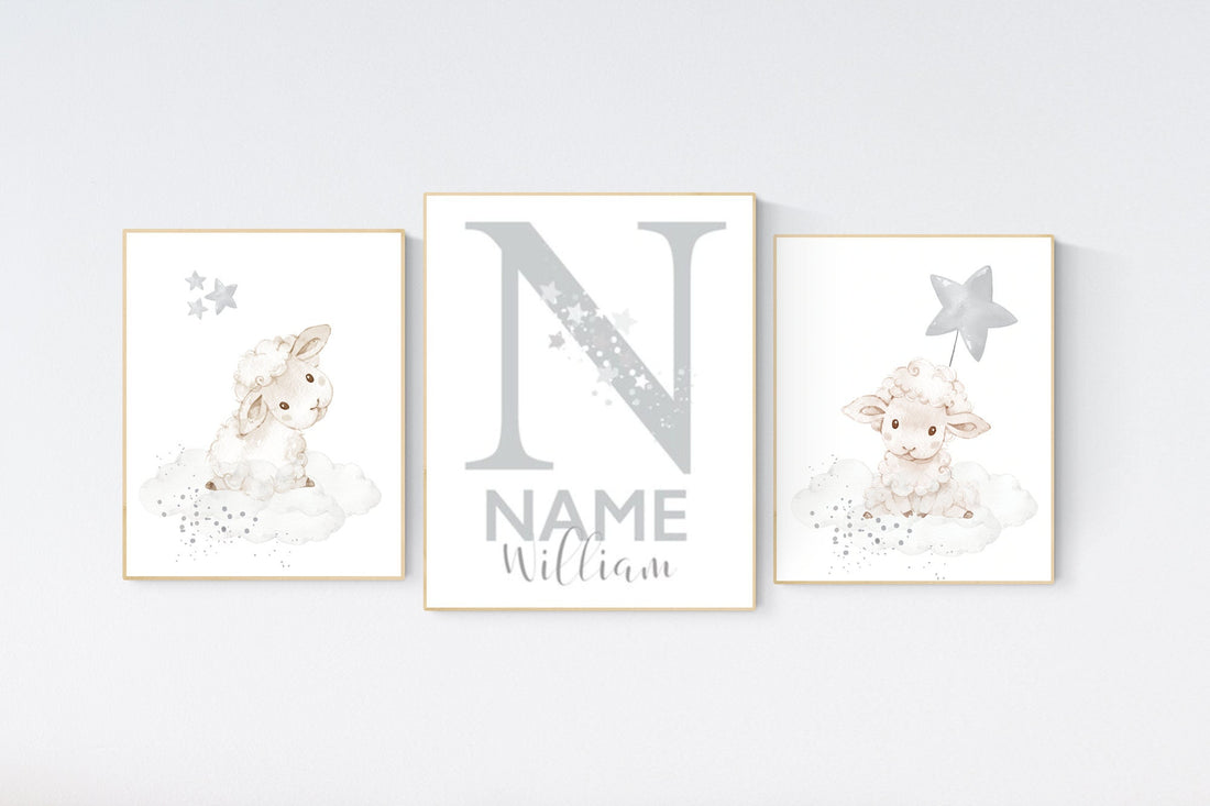 Sheep nursery decor, Gray nursery decor, nursery decor lambs, nursery wall art sheep, moon and cloud wall art nursery gender neutral nursery