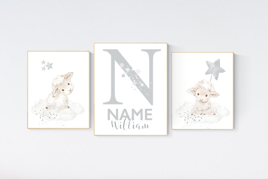 Sheep nursery decor, Gray nursery decor, nursery decor lambs, nursery wall art sheep, moon and cloud wall art nursery gender neutral nursery
