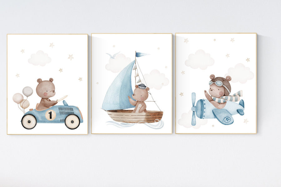 Nursery decor bear, gender neutral nursery, travel nursery, plane nursery, car nursery, bear nursery print, teddy bear decor, blue nursery