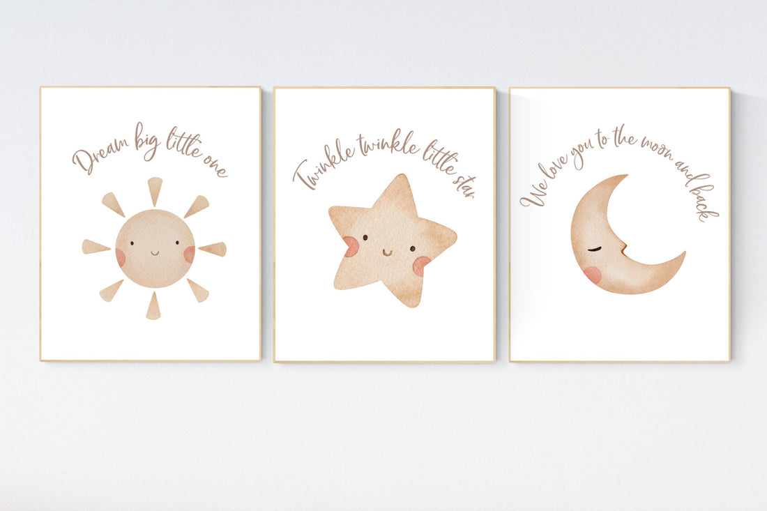 Nursery wall art neutral, gender neutral nursery prints, baby room decor, earth colors nursery decor, neutral nursery prints, moon nursery