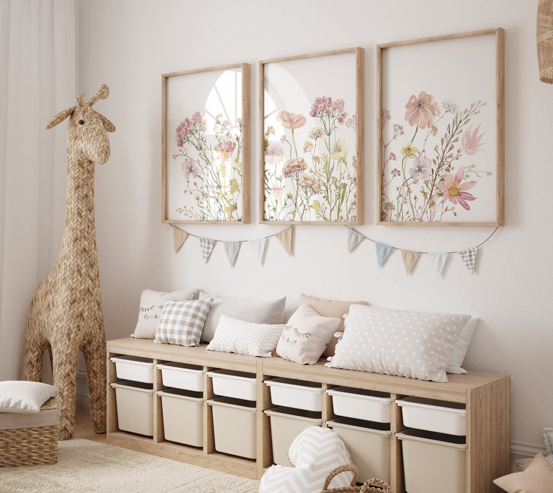 Boho Wildflower Nursery Wall Art Set, Floral Nursery Print for Girls