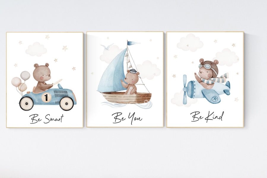 Nursery decor bear, gender neutral nursery, travel nursery, plane nursery, car nursery, bear nursery print, teddy bear decor, blue nursery
