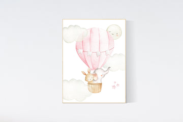 Nursery decor girl woodland, hot air balloon nursery, nursery decor woodland animal, hot air balloon nursery animal, pink nursery print
