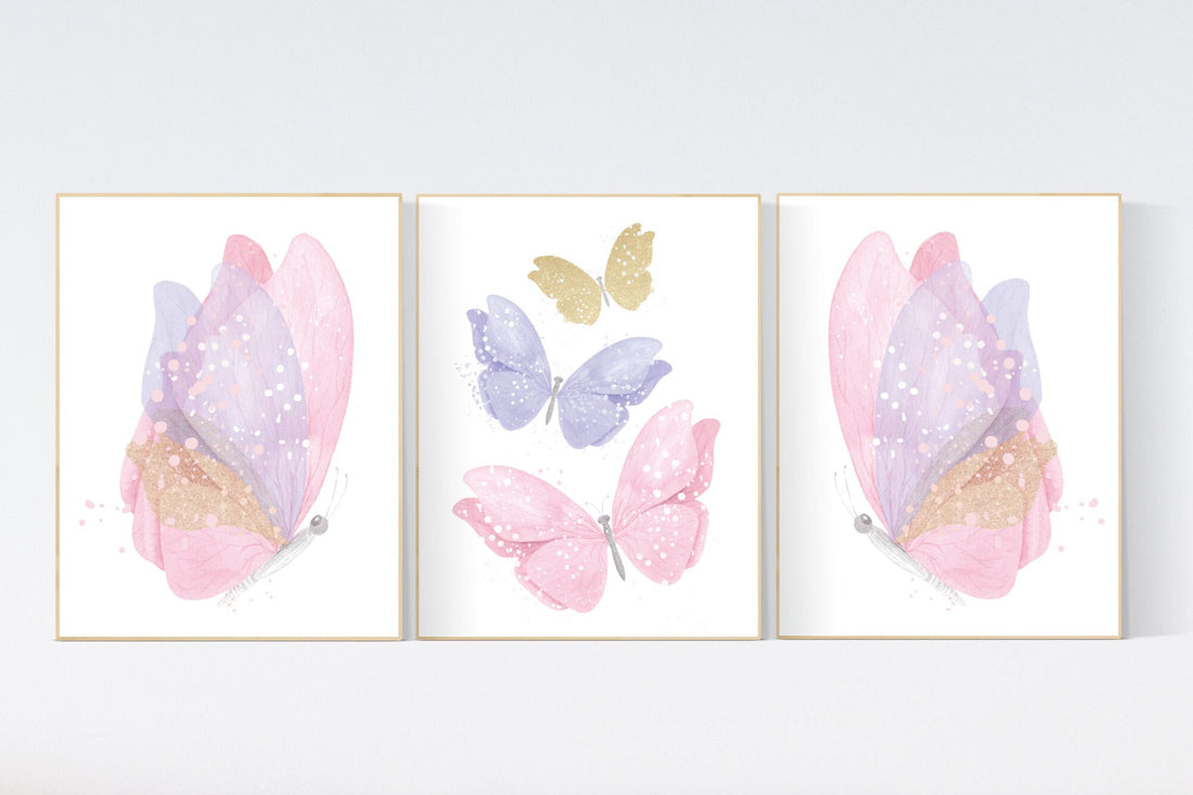 Butterfly nursery decor, pastel nursery decor, girl room decor, girl nursery, butterfly prints, pink nursery, purple nursery, gold nursery