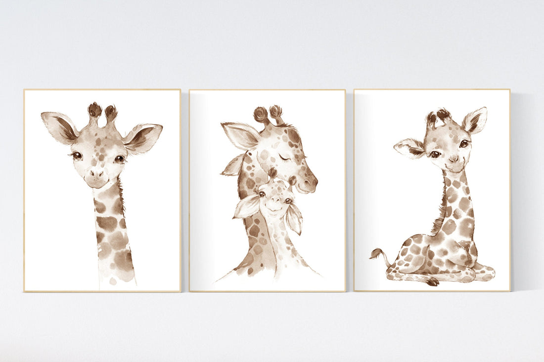 Nursery decor giraffe, giraffe nursery, gender neutral nursery, baby room wall art, woodland animals, giraffe prints, mom and baby giraffe