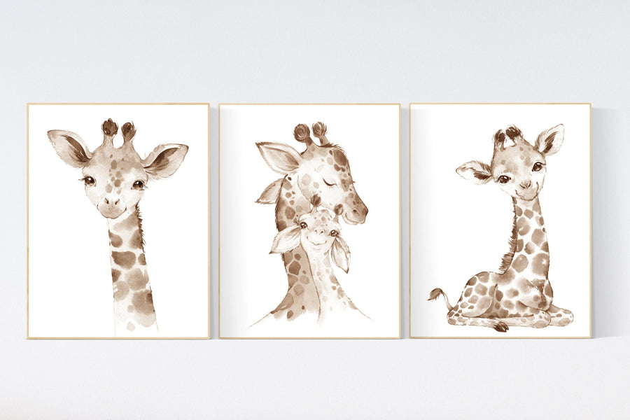 Nursery decor giraffe, giraffe nursery, gender neutral nursery, baby room wall art, woodland animals, giraffe prints, mom and baby giraffe