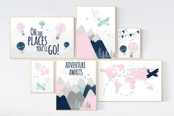Adventure awaits nursery, Mountain art print set, pink navy mint, Adventure nursery, pink mint girl, airplane, world map, hot air balloon
