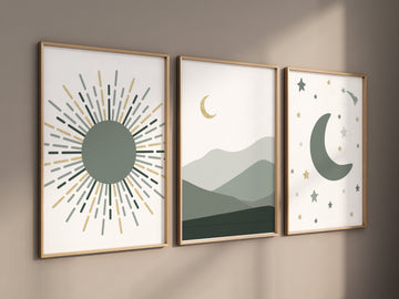 Boho Nursery, sage gold nursery, sage green and gold nursery, Mid Century Print, Nursery decor gender neutral, moon nursery, Abstract Art