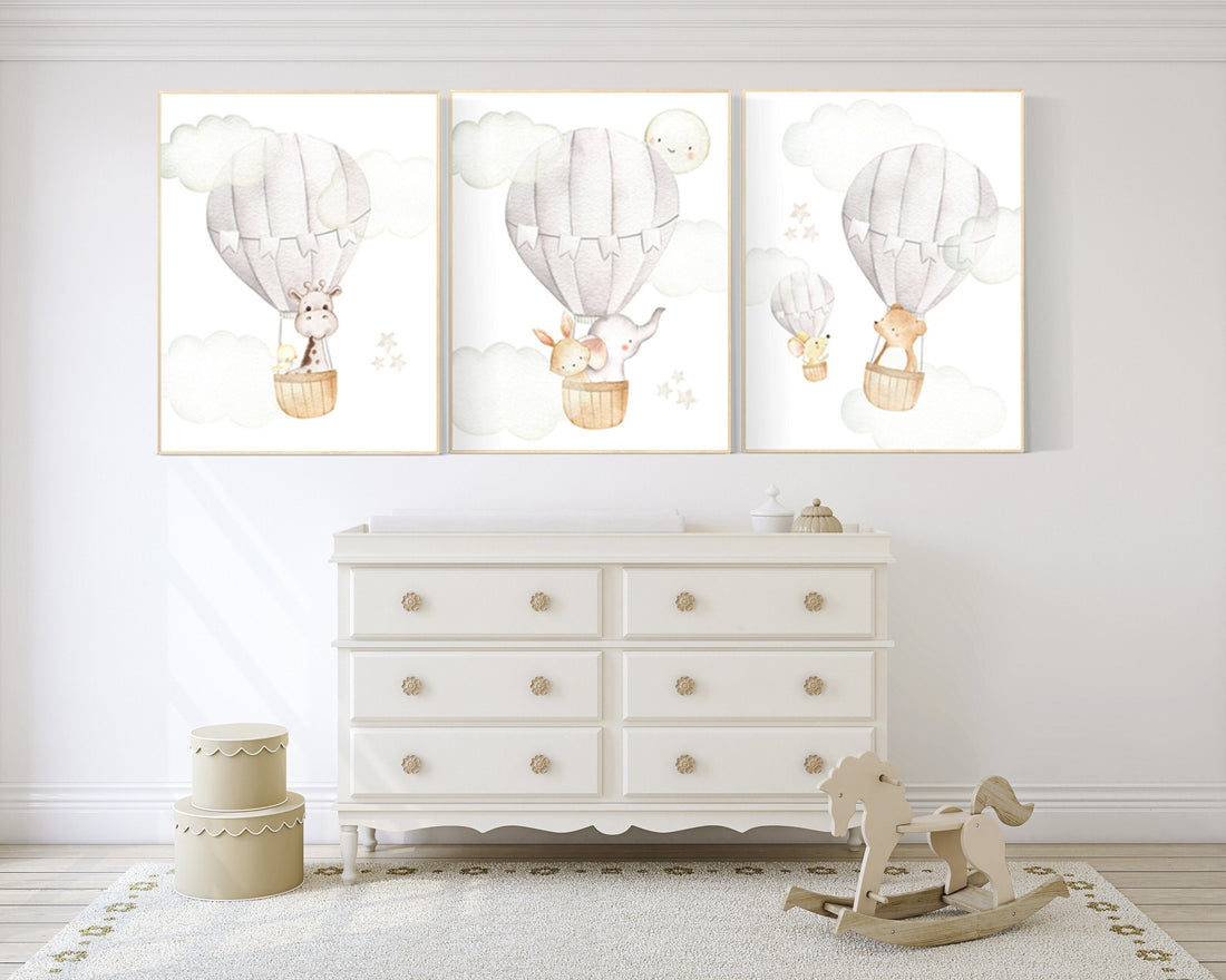 Nursery decor neutral, hot air balloon, woodland animals, gender neutral, baby room decor, elephant, bunny, giraffe, nursery prints