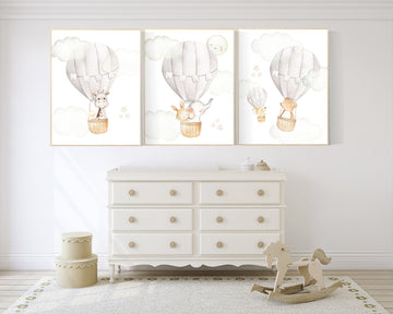 Nursery decor neutral, hot air balloon, woodland animals, gender neutral, baby room decor, elephant, bunny, giraffe, nursery prints