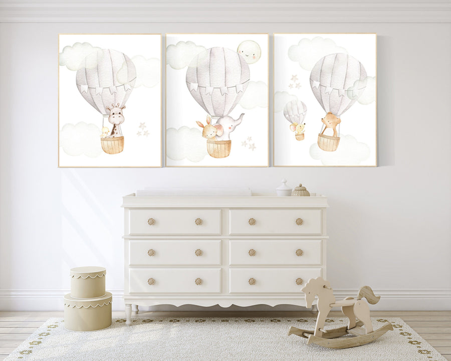 Nursery decor neutral, hot air balloon, woodland animals, gender neutral, baby room decor, elephant, bunny, giraffe, nursery prints