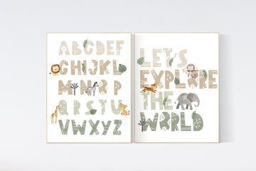 Safari Nursery Wall Art, alphabet print, let's explore the world, alphabet wall art, gender neutral nursery, Animals Nursery Prints