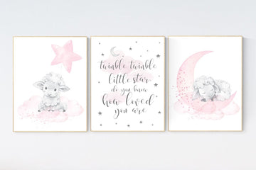 Nursery decor girl, Sheep nursery decor, nursery decor lambs, nursery wall art sheep, moon and cloud wall art nursery, girl nursery decor