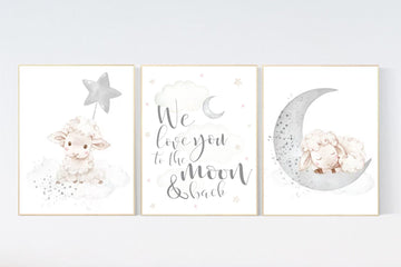 Sheep nursery decor, Gray nursery decor, nursery decor lambs, nursery wall art sheep, moon and cloud wall art nursery gender neutral nursery