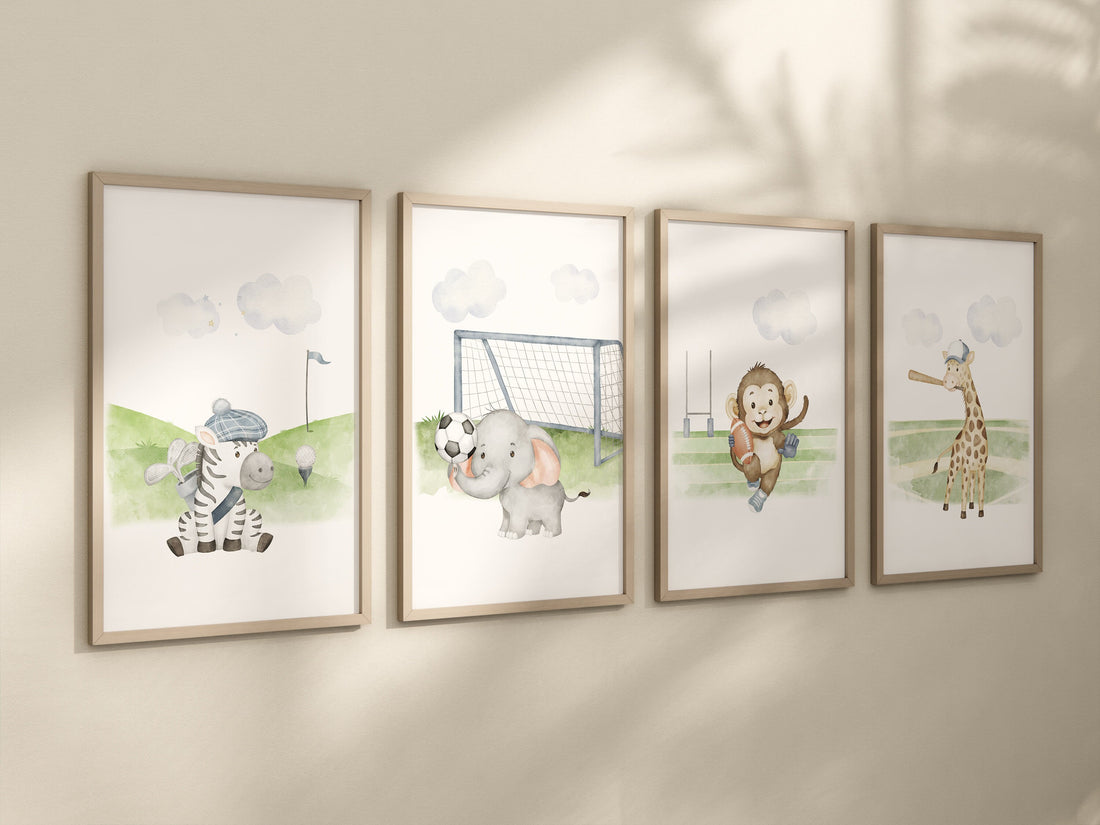 Sports nursery decor, Baby Animals Sport, Baby boy sports nursery, Safari nursery, baseball, football, golf, soccer, sports animals