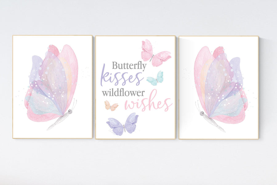 Butterfly nursery decor, pastel nursery decor, girl room decor, girl nursery, butterfly prints, pink nursery, purple nursery, teal nursery