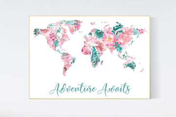 Floral World Map, Girl Nursery Decor, pink and teal, Nursery baby girl room, Adventure Awaits, flower Nursery Print, flower map