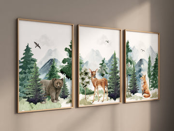 Nursery decor woodland, mountain wall art, tree nursery decor, adventure theme nursery, forest, sage green, green nursery, woodland animals