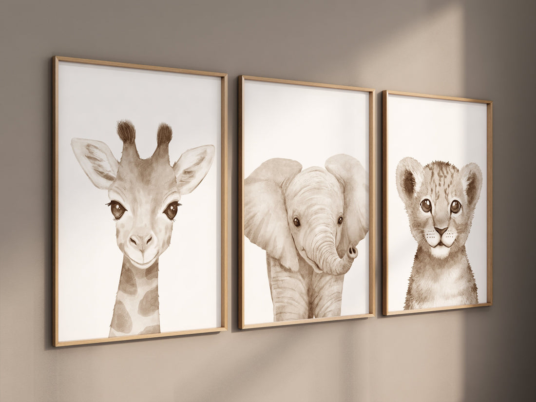 Nursery wall art animals, gray nursery, gender neutral nursery, neutral nursery, baby room decor, bear, elephant, giraffe, animal prints