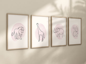 Nursery wall art animals, line art, animal nursery, gender neutral nursery, neutral nursery, pink nursery, lion, elephant, giraffe