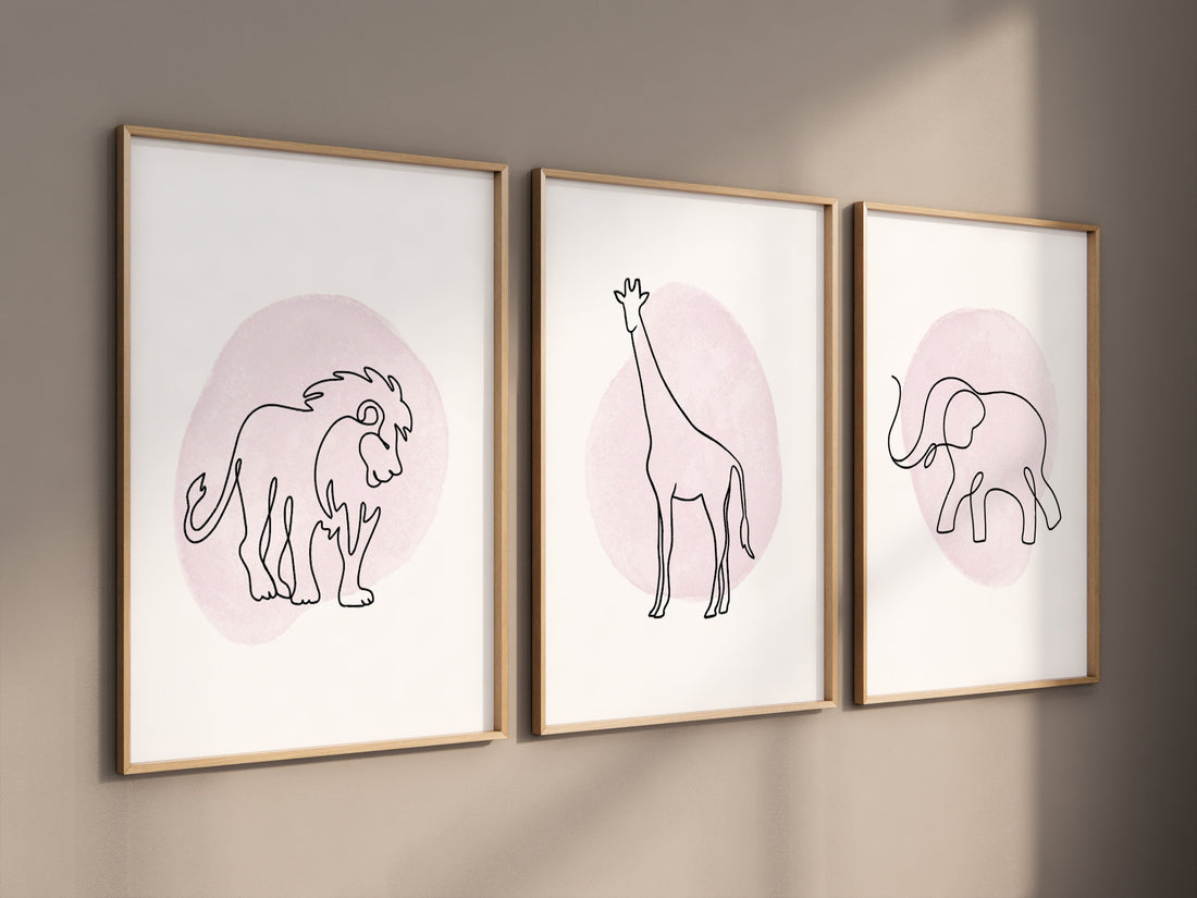 Nursery wall art animals, line art, animal nursery, pink nursery, lion, elephant, giraffe, single line, animal prints, animal wall art