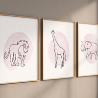 Nursery wall art animals, line art, animal nursery, pink nursery, lion, elephant, giraffe, single line, animal prints, animal wall art