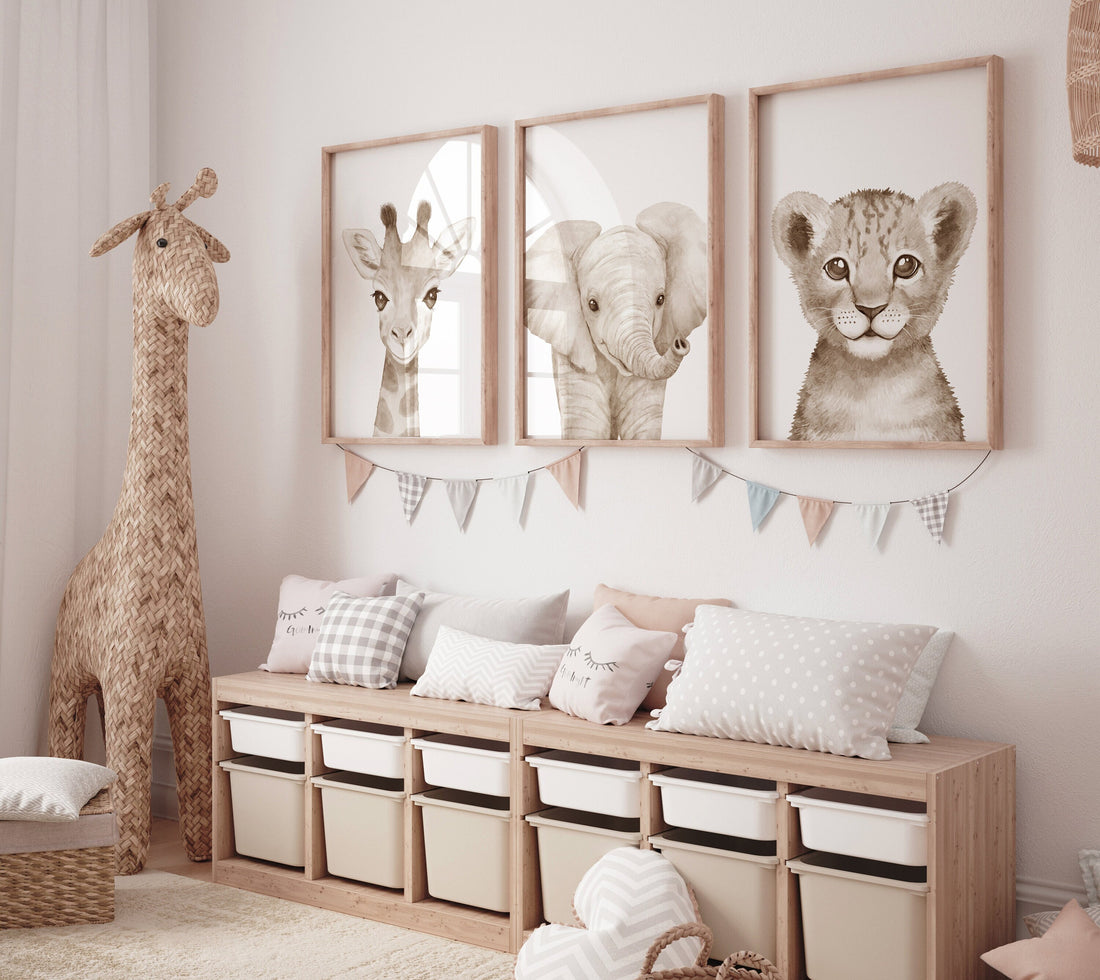 Nursery wall art animals, gray nursery, gender neutral nursery, neutral nursery, baby room decor, bear, elephant, giraffe, animal prints