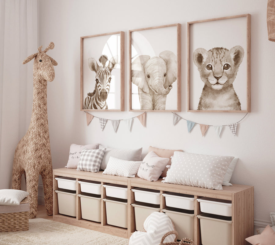 Nursery wall art animals, gray nursery, gender neutral nursery, neutral nursery, baby room decor, zebra, elephant, bear, animal prints