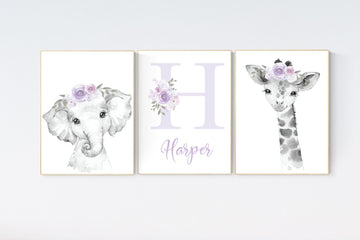 Nursery decor girl boho, Purple nursery, nursery wall art elephant, nursery decor girl, nursery decor girl floral, lilac nursery, lavender