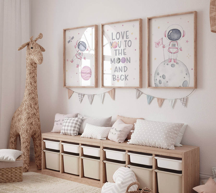 Space Nursery Prints, Pink Space nursery, Playroom Decor, girls Room Decor, space wall art, Outer Space Nursery Wall Art, Rocket Ship