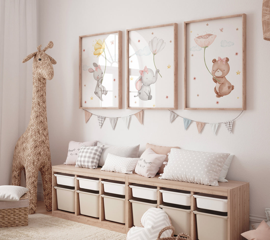 Nursery decor girl animals, flower nursery, animal nursery, girls nursery, Nursery wall art girl elephant, girl nursery wall decor, floral