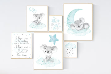Koala nursery, teal nursery, moon and stars, nursery prints animals, gender neutral nursery, koala mother and baby, animal prints,