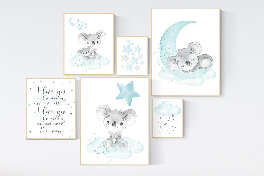 Koala nursery, teal nursery, moon and stars, nursery prints animals, gender neutral nursery, koala mother and baby, animal prints,