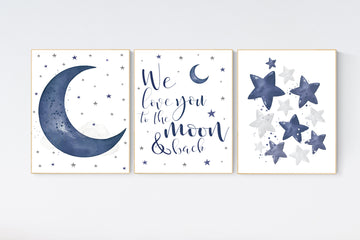 Nursery wall art boy, Nursery decor boy navy blue,  navy nursery decor, moon and stars, we love you to the moon and back, nursery prints boy