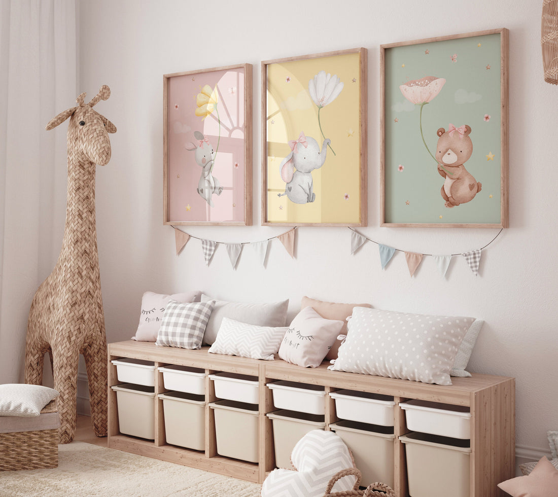 Nursery decor girl animals, flower nursery, animal nursery, girls nursery, Nursery wall art girl elephant, girl nursery wall decor, floral