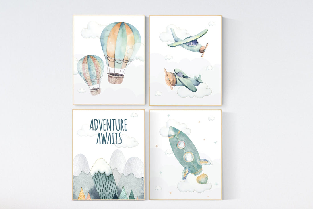 Nursery decor adventure, adventure awaits, nursery prints neutral, hot air balloon, rocket nursery, plane wall art nursery, gender neutral