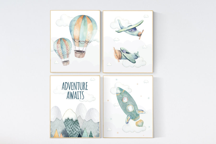 Nursery decor adventure, adventure awaits, nursery prints neutral, hot air balloon, rocket nursery, plane wall art nursery, gender neutral