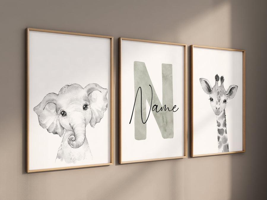 Nursery wall art animals, gray nursery, gender neutral nursery, sage green, baby room decor, giraffe, elephant, animal prints