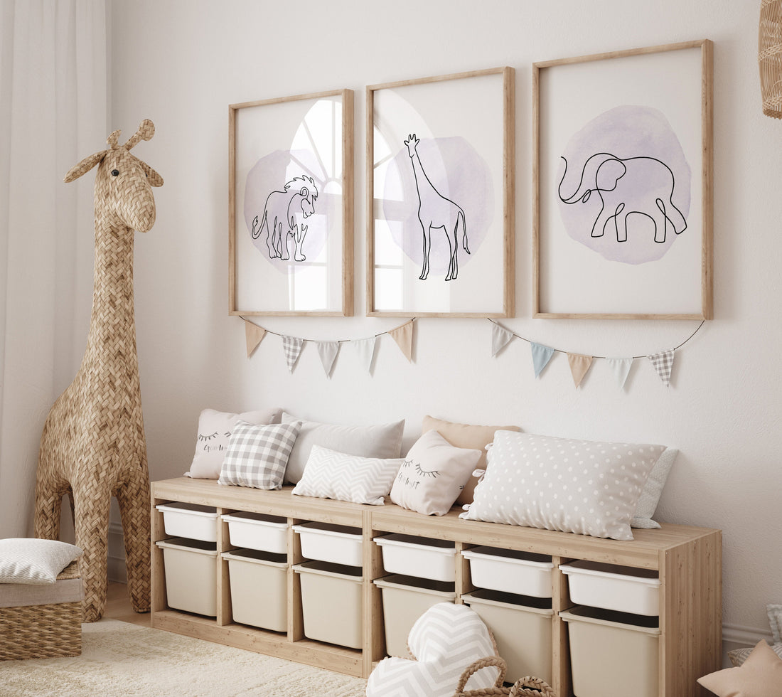 Nursery wall art animals, line art, animal nursery, gender neutral nursery, neutral nursery, purple nursery, lion, elephant, giraffe